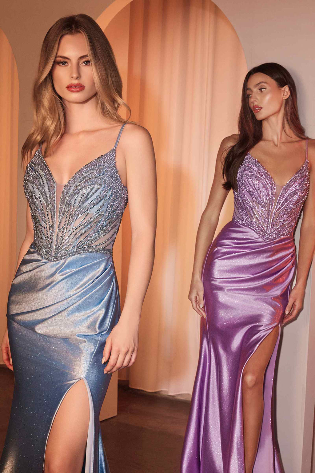 Light blue and lavender satin gowns with beaded V-neck bodices and thigh slits
