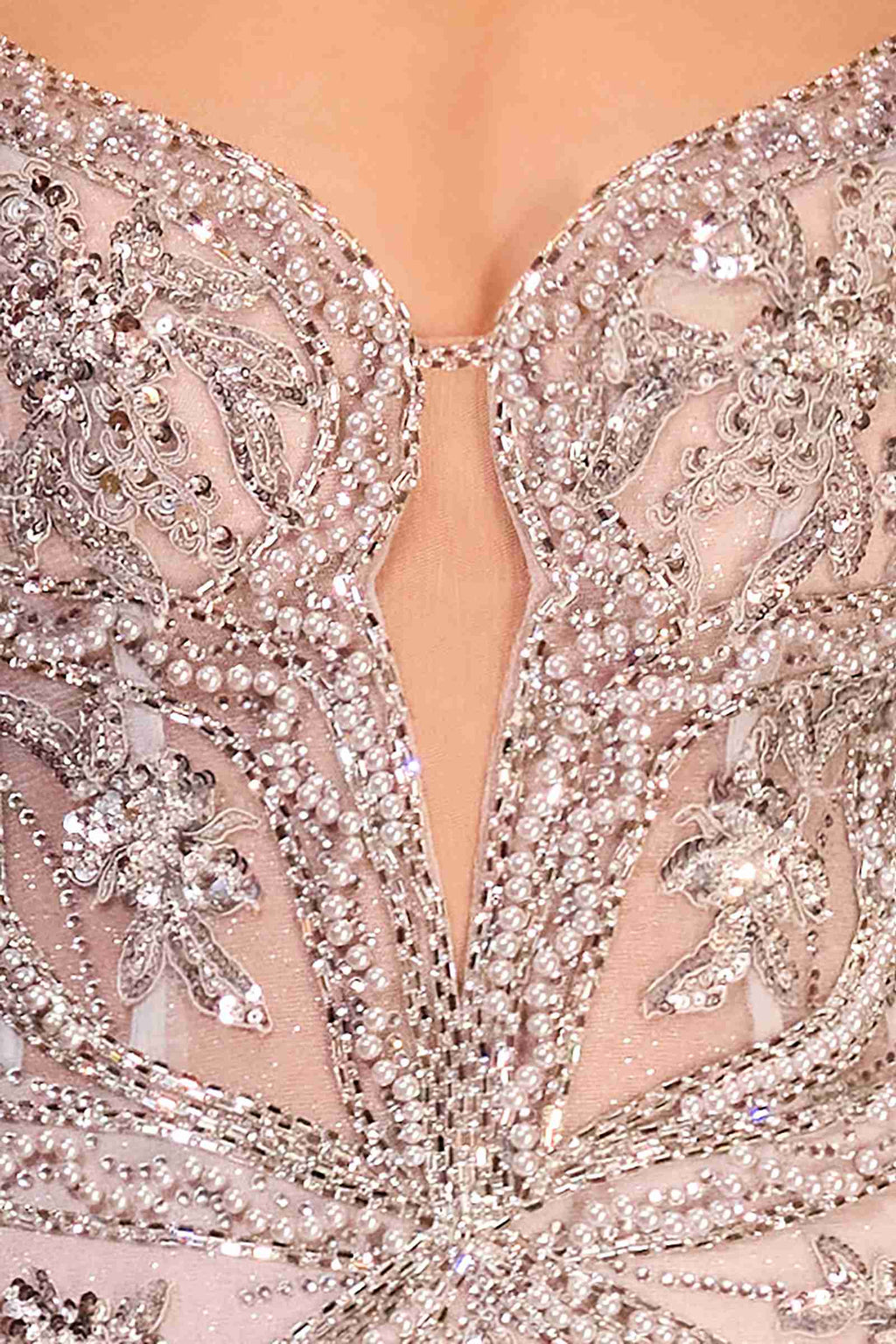 Pearl-embellished bodice with ornate beading and V-shaped neckline
