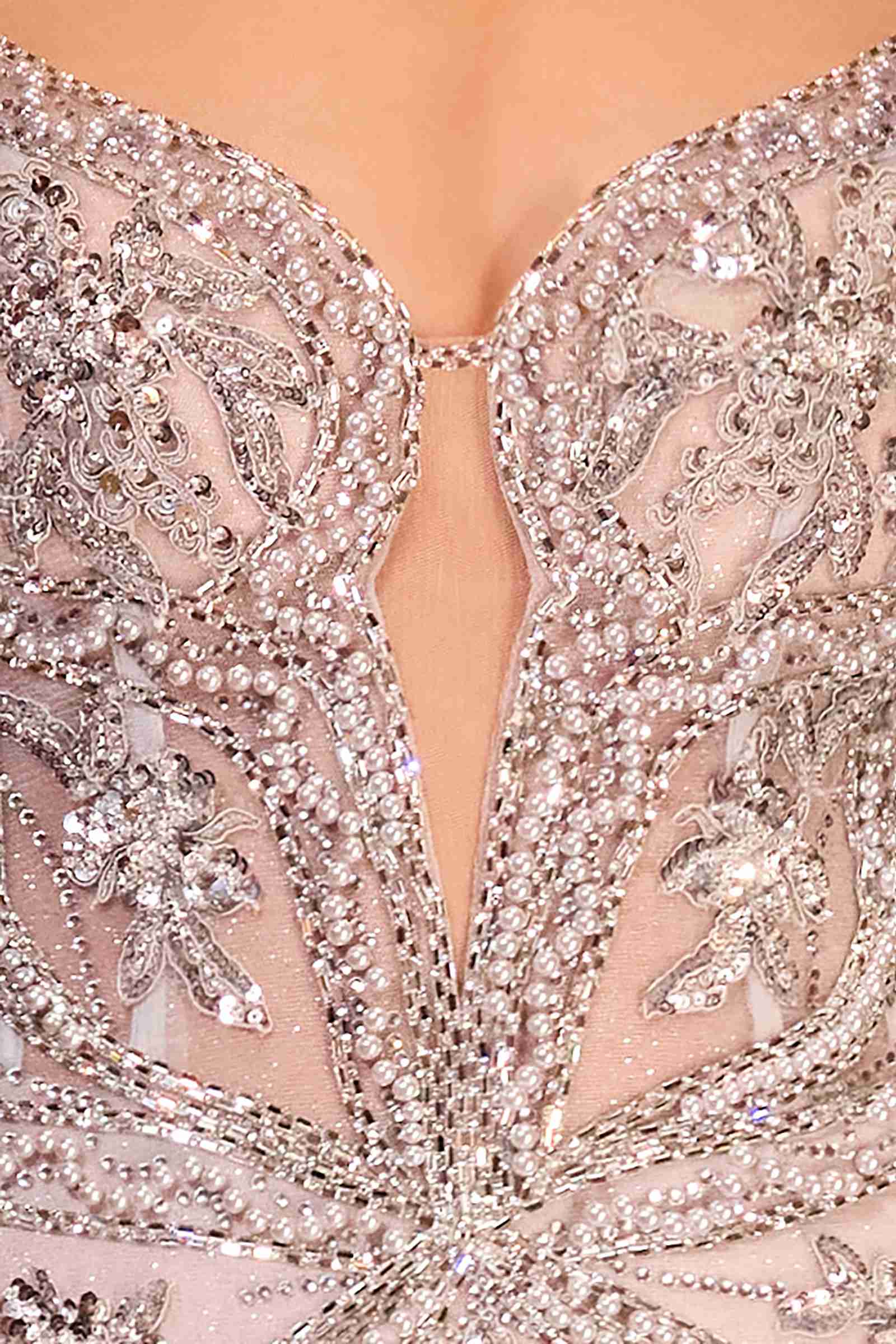 Pearl-embellished bodice with ornate beading and V-shaped neckline