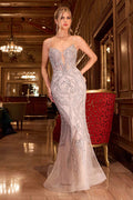 Silver pearl fit-and-flare gown with sweetheart neckline and thin straps