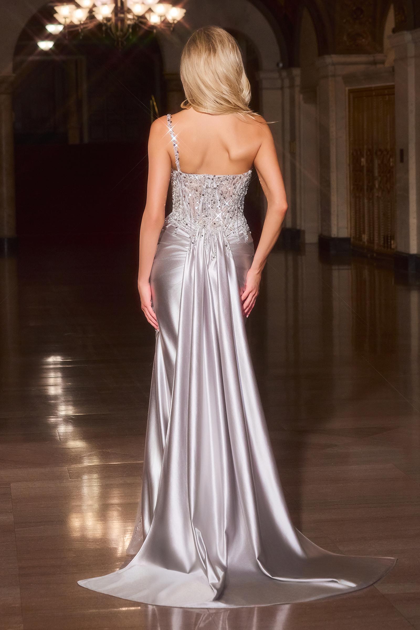 Silver satin slip dress with back beading and flowing mermaid skirt