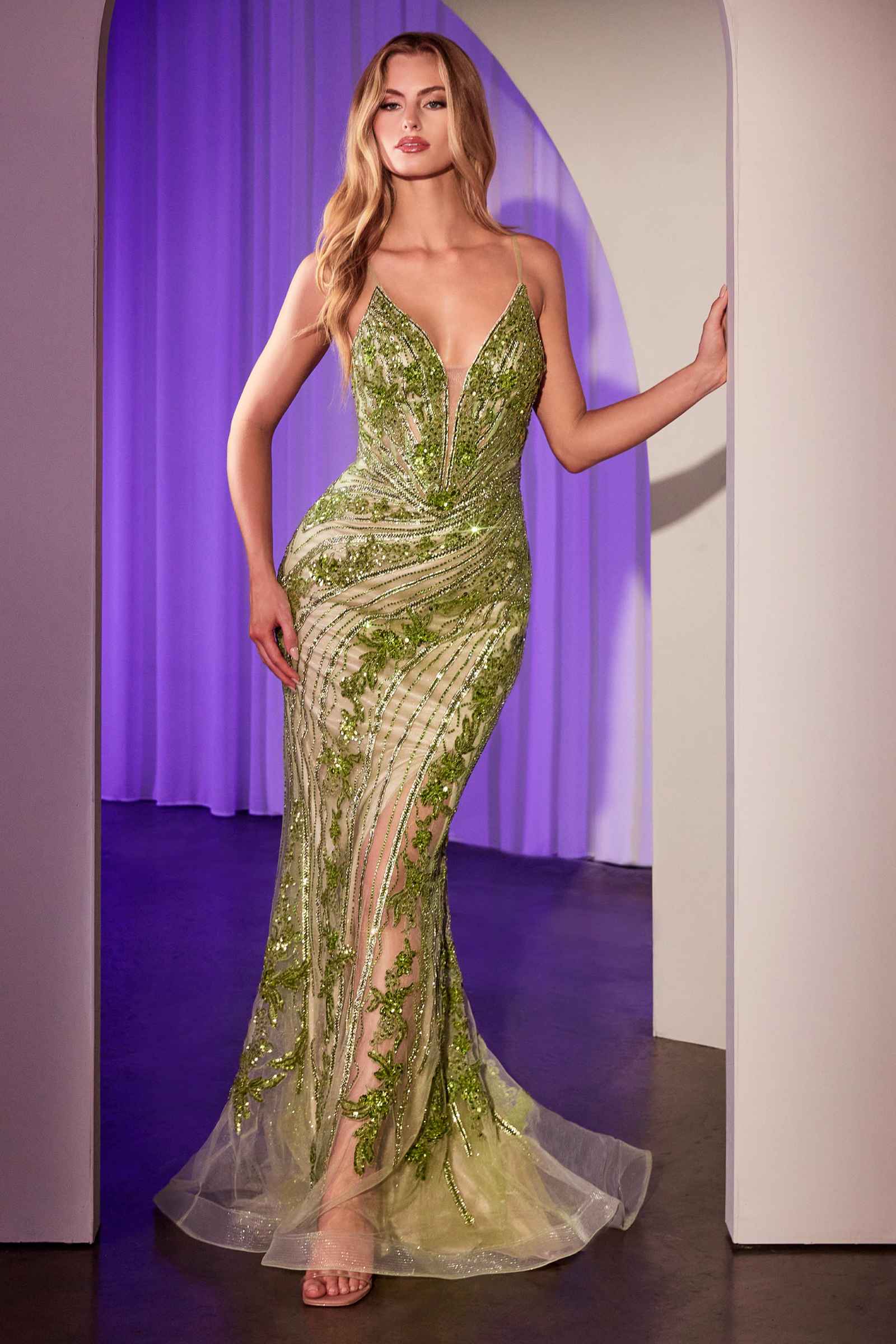 Olive-gold lace-embellished fitted gown with V-neck and spaghetti straps, long mermaid hem