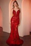 Red lace-embellished fitted gown with V-neckline and spaghetti straps, long mermaid hem