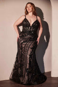 Black lace embellished fitted gown with spaghetti straps and sequined texture