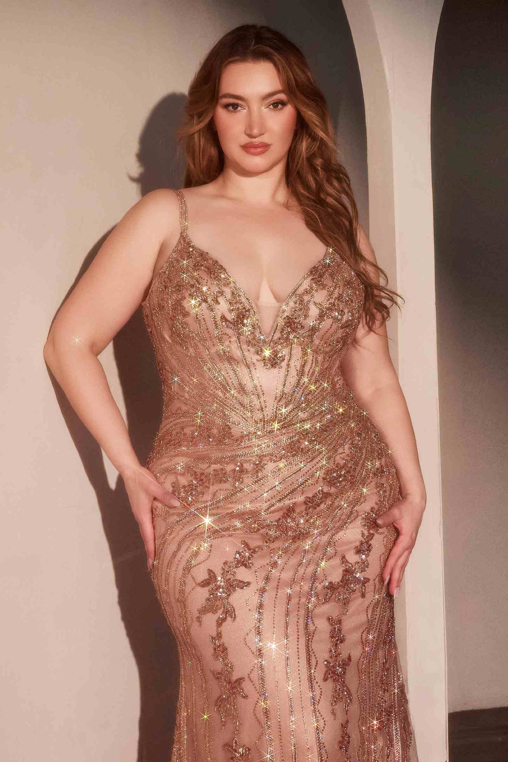 Nude sequined lace fitted gown with V-neck and thin spaghetti straps