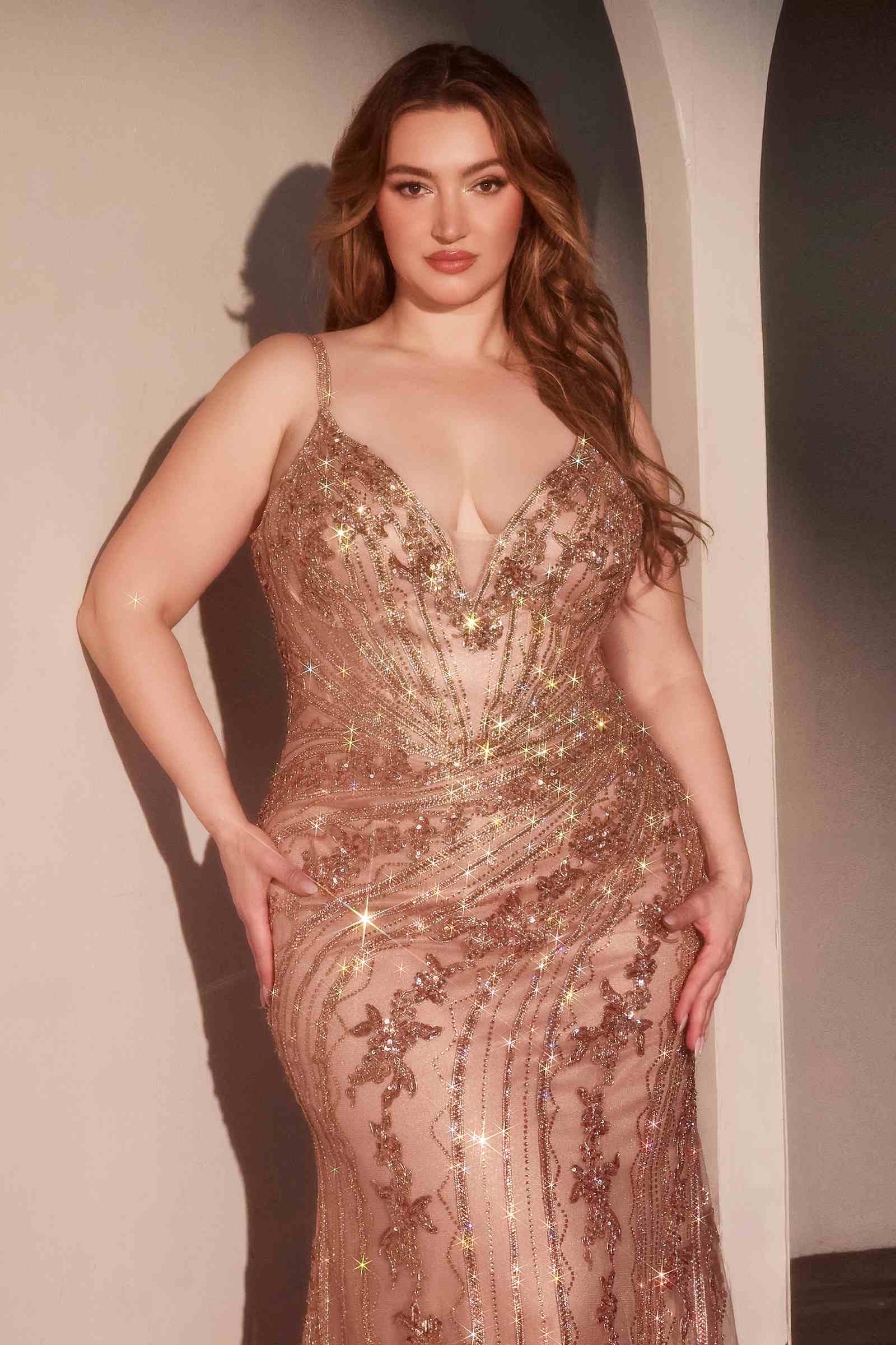 Nude sequined lace fitted gown with V-neck and thin spaghetti straps