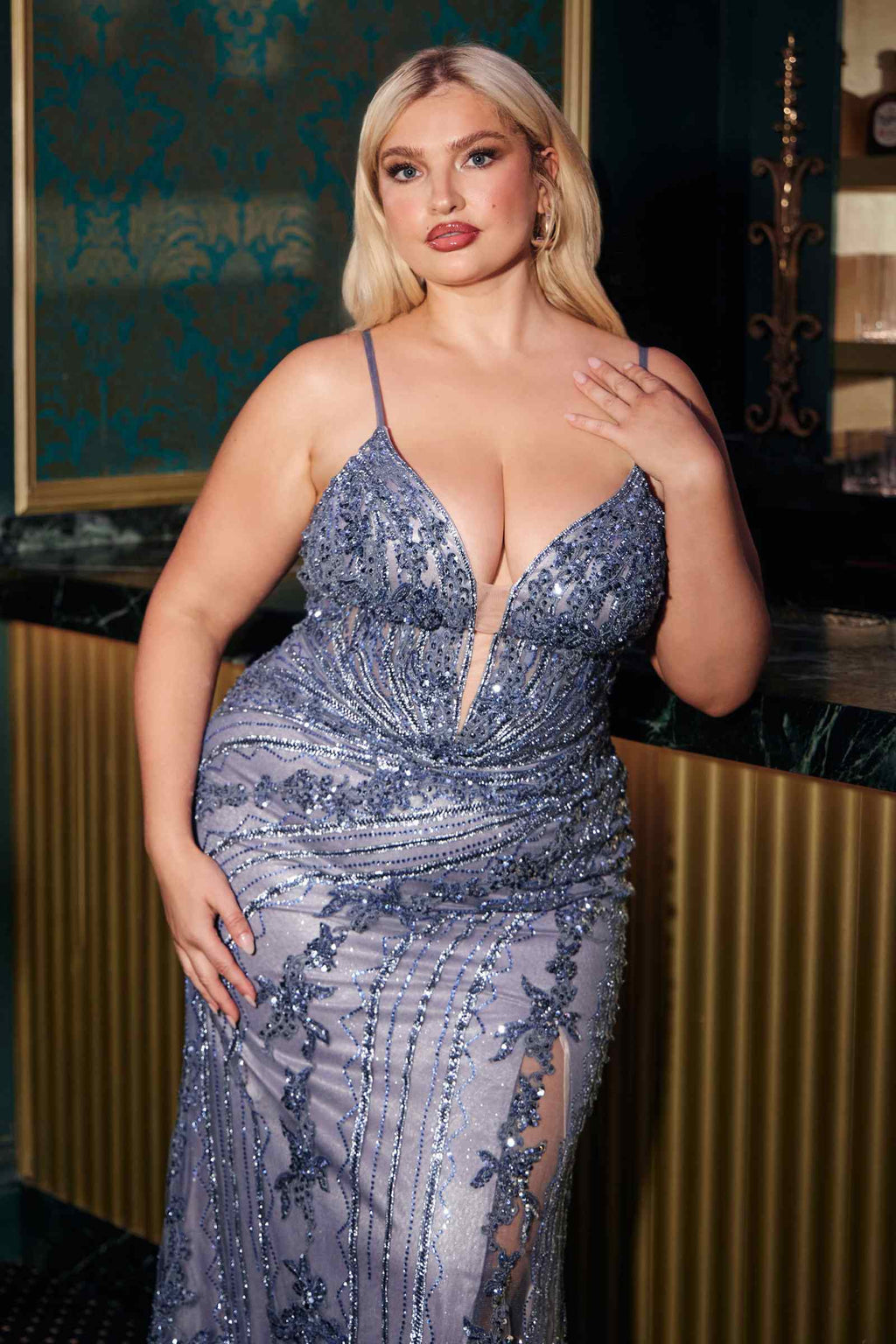 Blue sequined lace gown with V-neck and fitted mermaid skirt