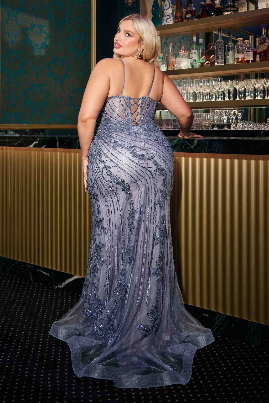 Blue sequined lace fitted gown with V-neck and open back