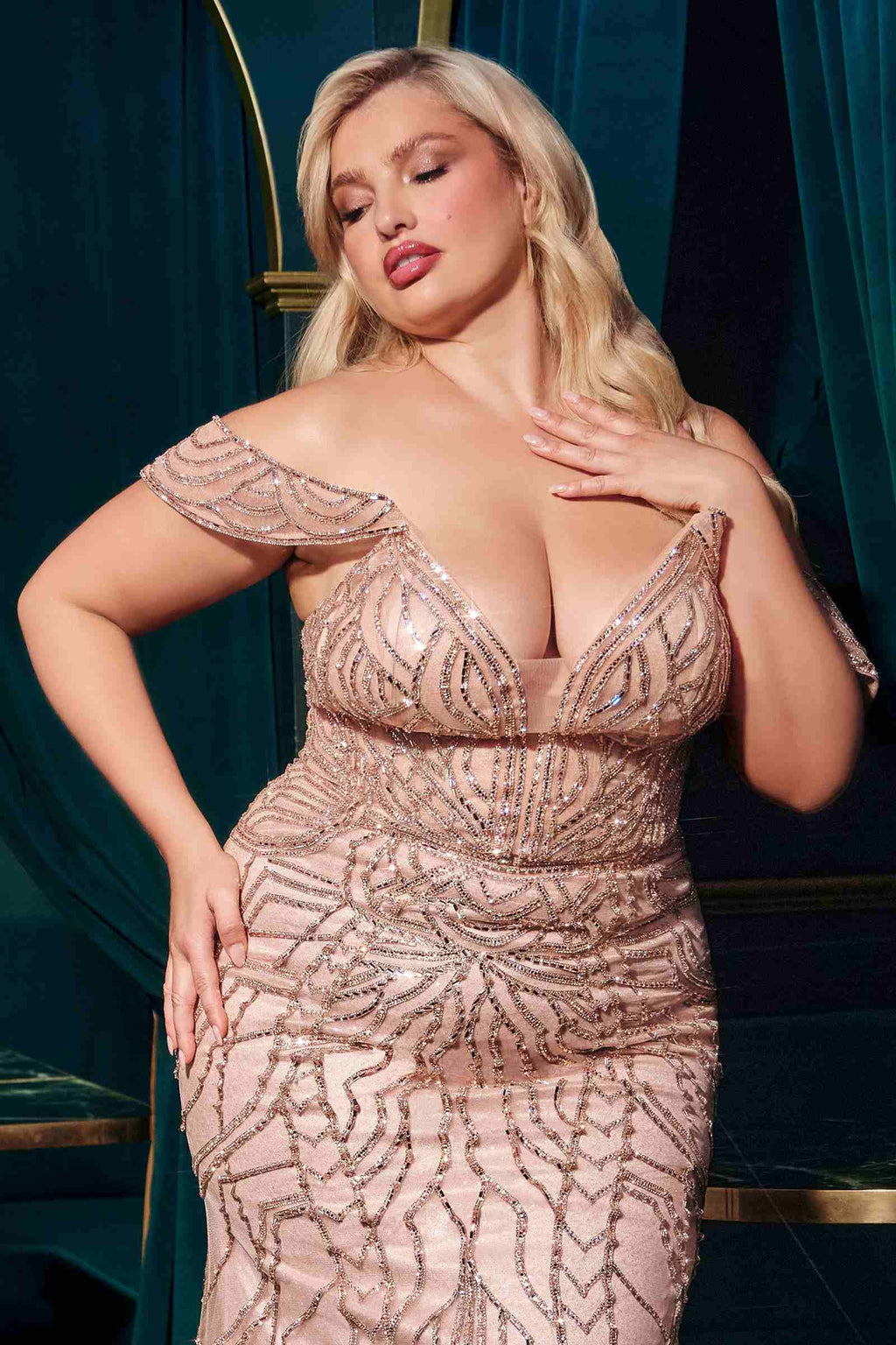 Rose gold off-shoulder crystal embellished mermaid gown with corset bodice