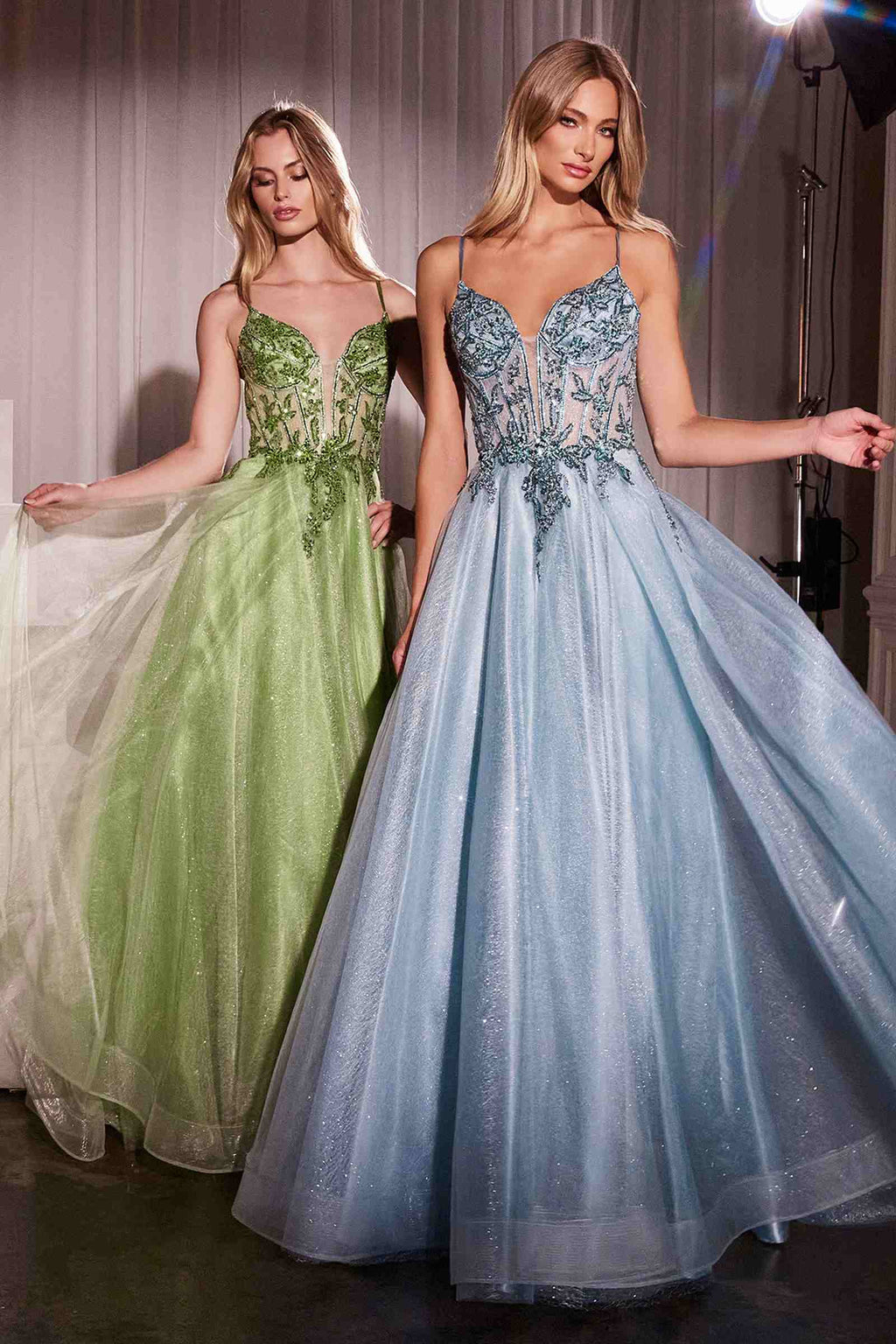Green and light blue A-line tulle gowns with lace embellished corset bodices and straps