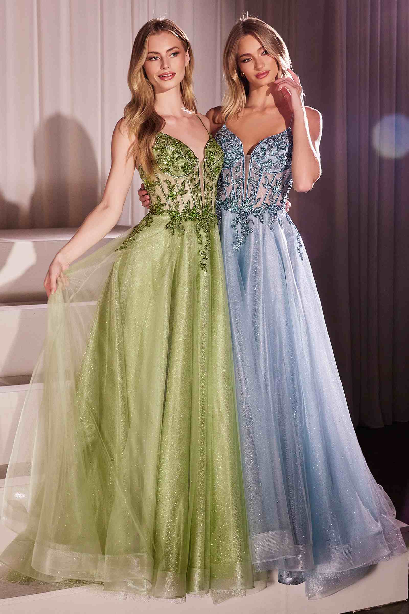 Green and light blue A-line tulle gowns with lace embellished bodices and straps