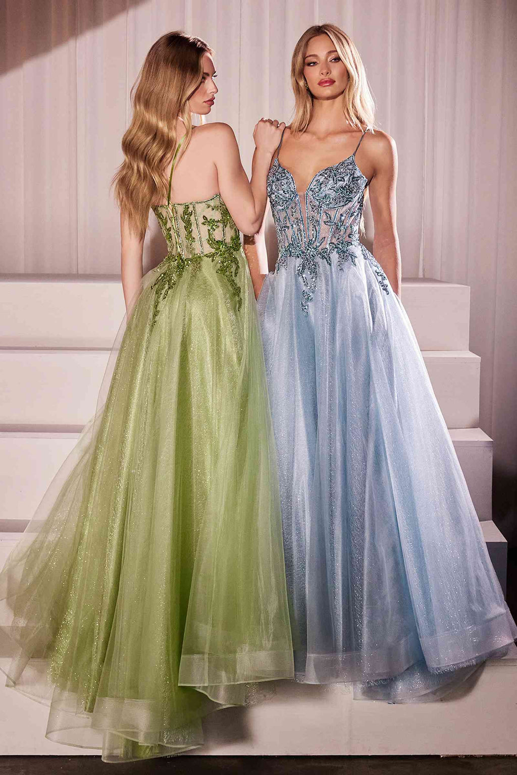 Green and light blue A-line tulle gowns with lace embellished corset bodice, straps