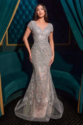 Silver sequin mermaid gown with cap sleeves and V-neckline, fitted waist to hem