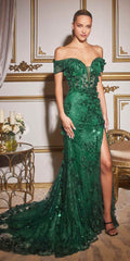 Emerald green off-the-shoulder sequin gown with 3D floral appliques and thigh slit
