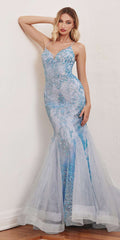 Blue mermaid glitter gown with spaghetti straps and lace-like printed detailing