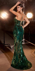 Emerald green embellished sheer formal dress with spaghetti straps, long fitted silhouette