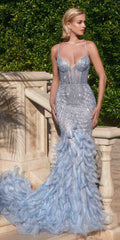 Light blue embellished mermaid gown with feather trim and spaghetti straps.