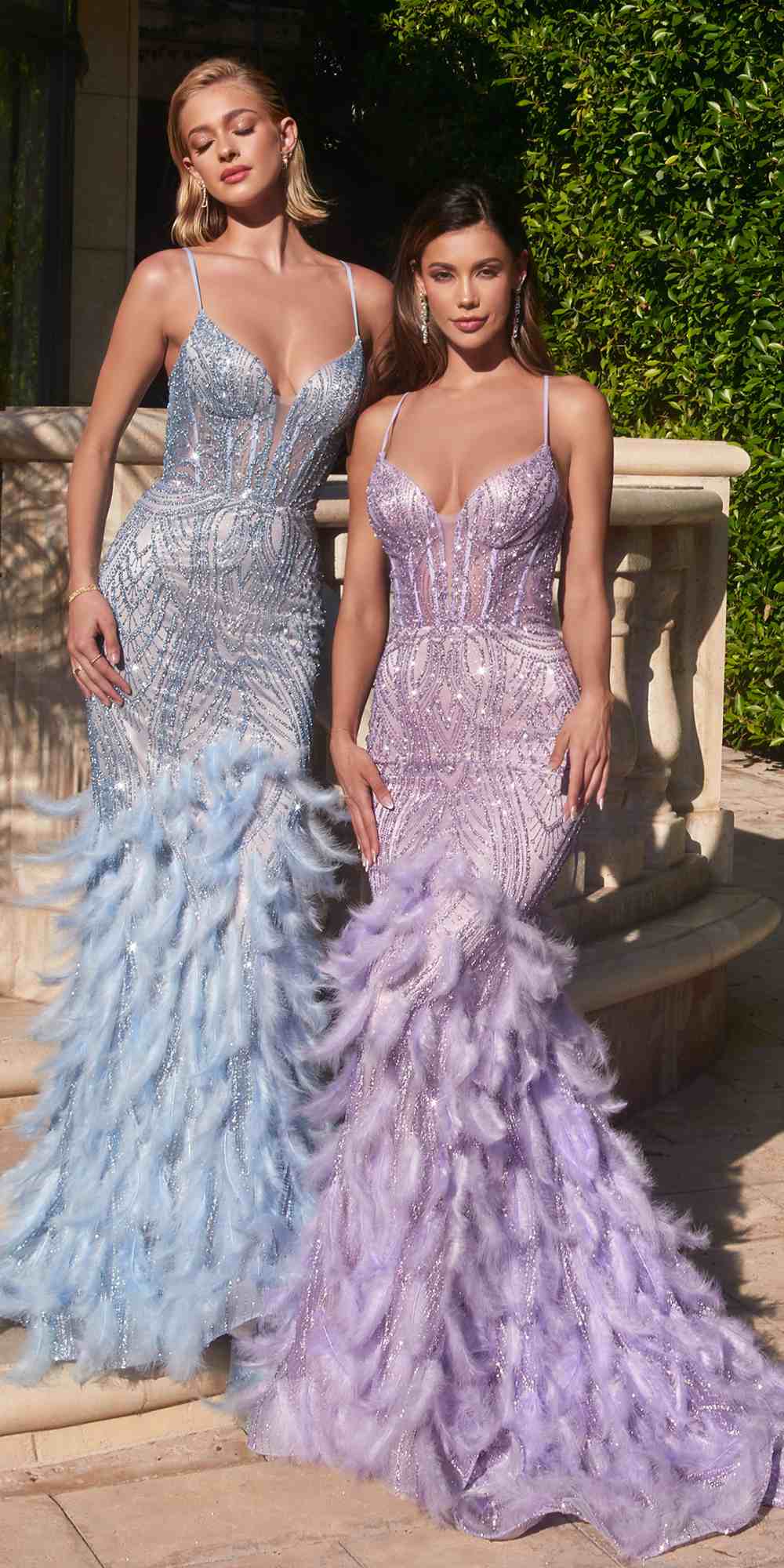 Feather mermaid gowns in light blue and lavender with spaghetti straps.