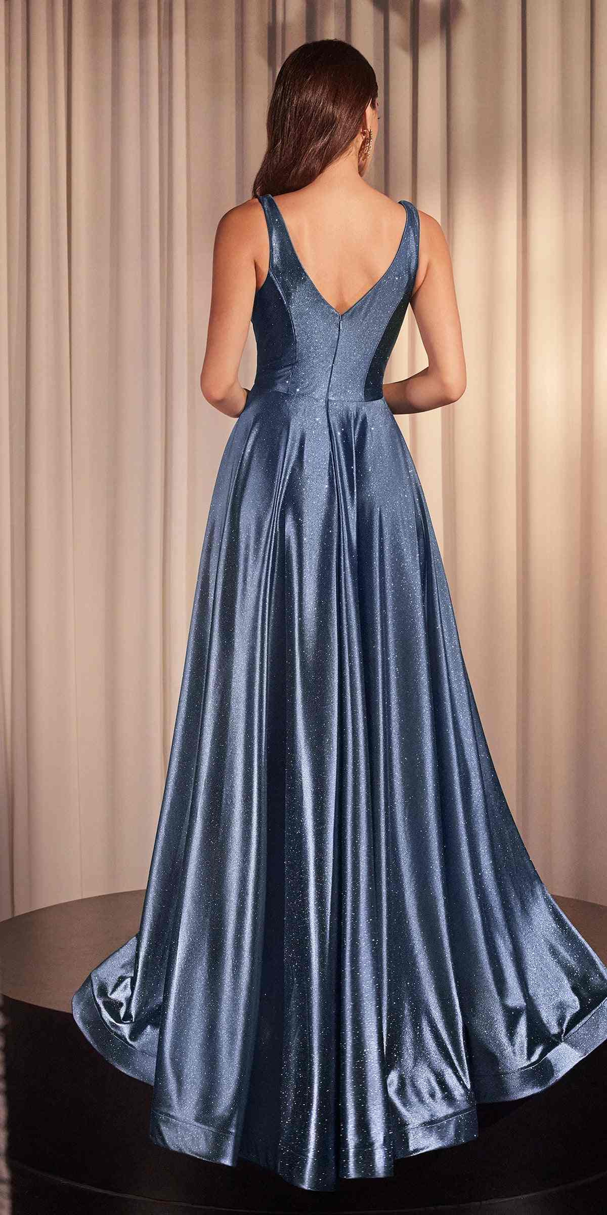 Blue glitter A-line evening gown with open-back V-neck sleeveless design and full skirt