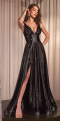 Black glitter A-line evening gown with V-neck sleeveless bodice and side slit