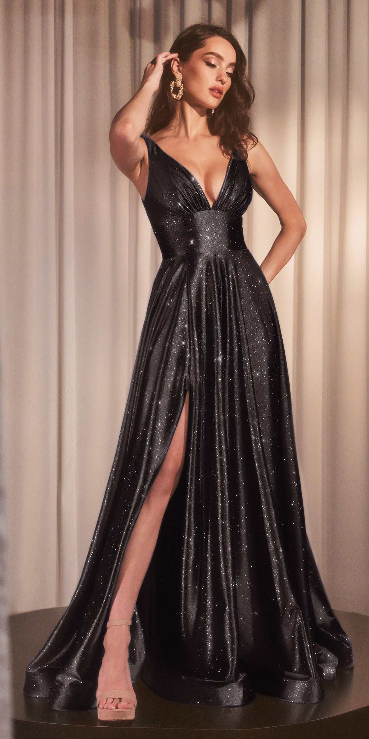 Black glitter A-line evening gown with V-neck sleeveless bodice and side slit