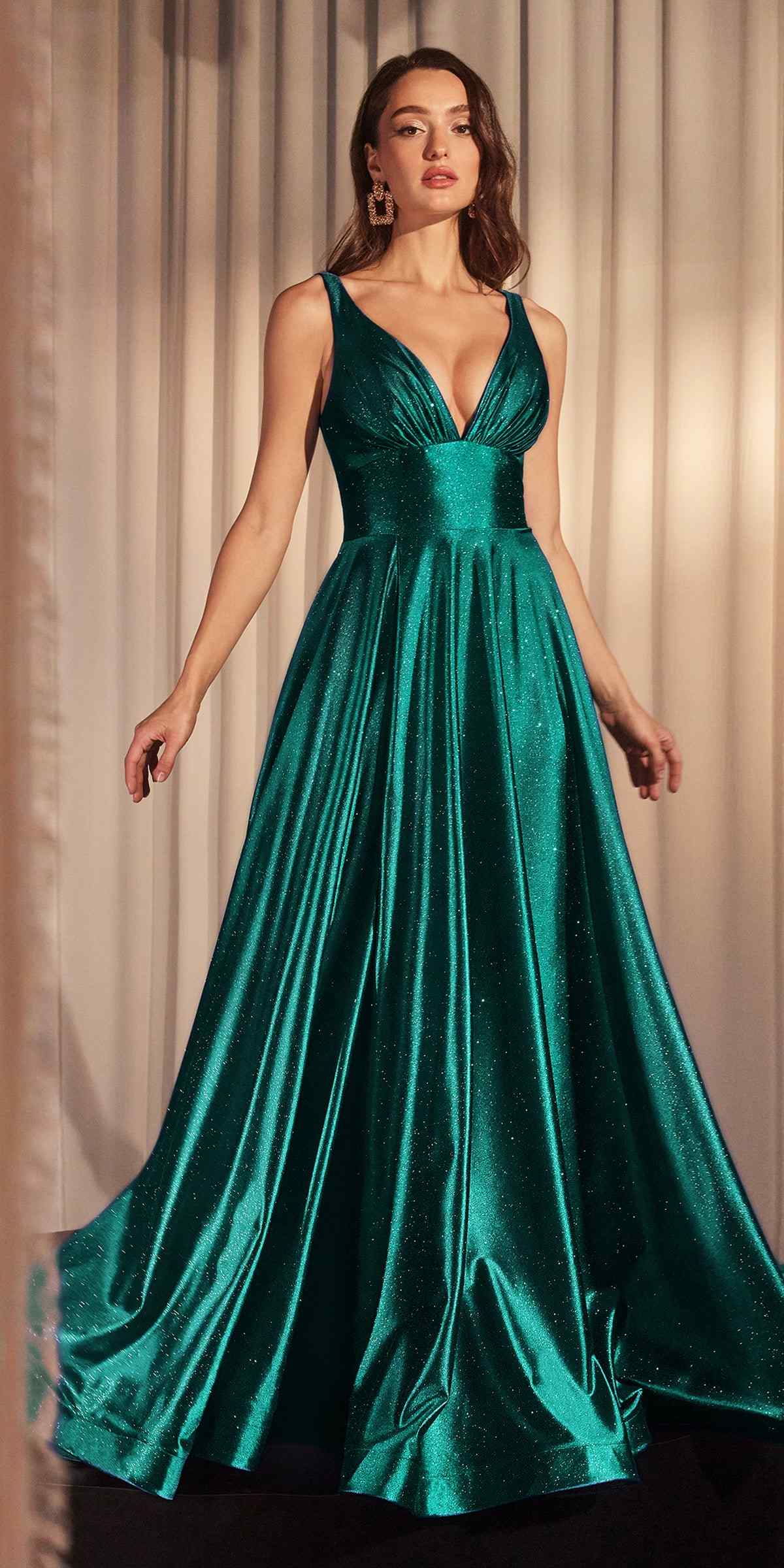 Teal glitter A-line evening gown with V-neck sleeveless bodice and flowing full skirt