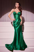 Glitter-dusted fitted satin gown in emerald green, sweetheart neckline, mermaid hem