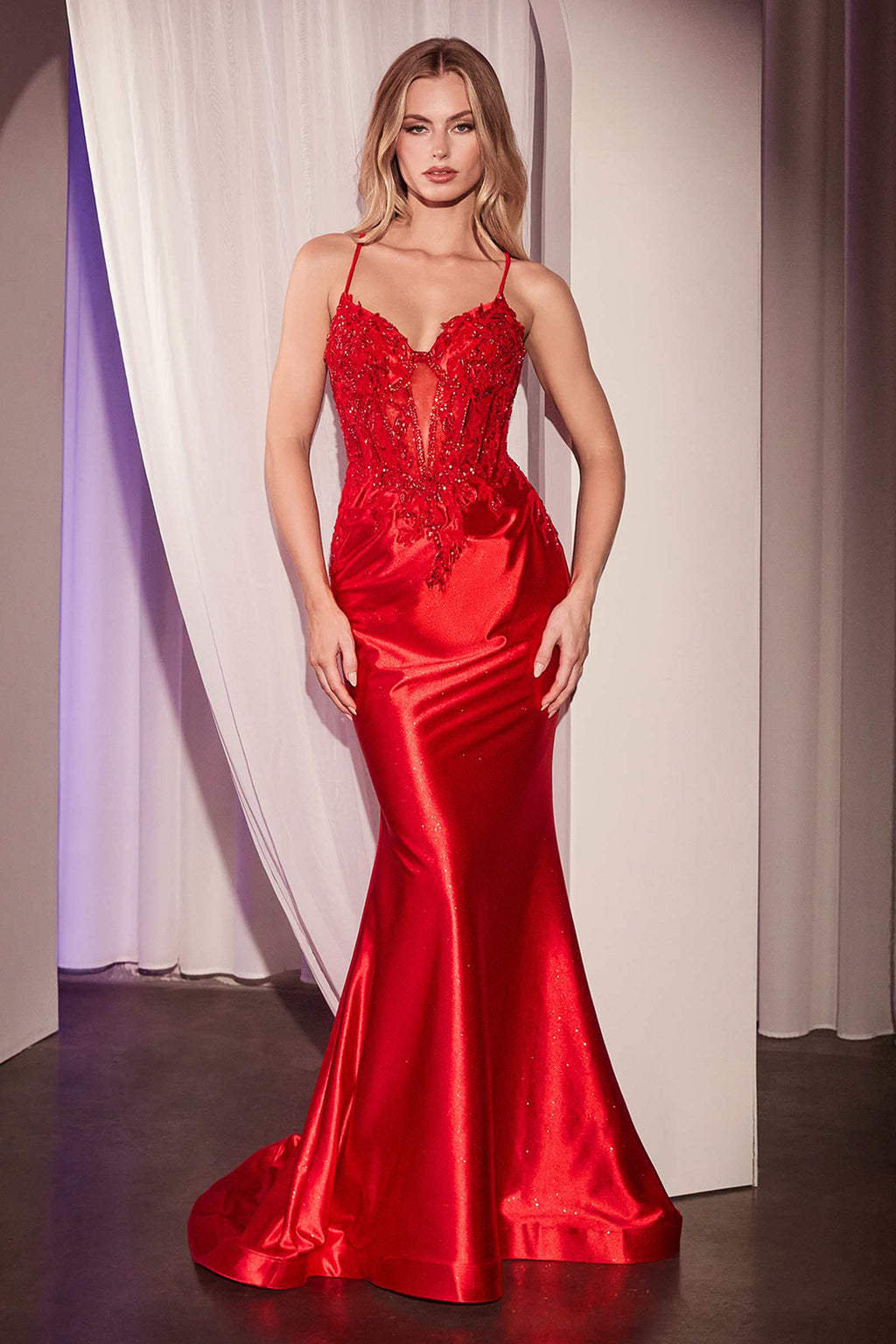 Embellished lace and satin fitted mermaid gown with spaghetti straps, red