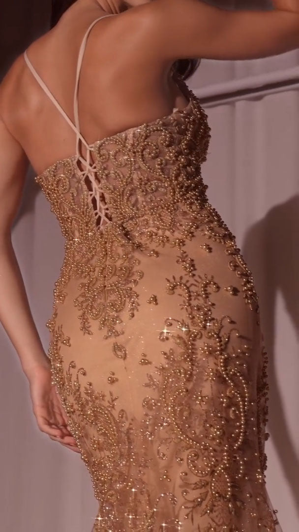 Gold-tone beaded lace bodice with spaghetti straps and cross-lace back