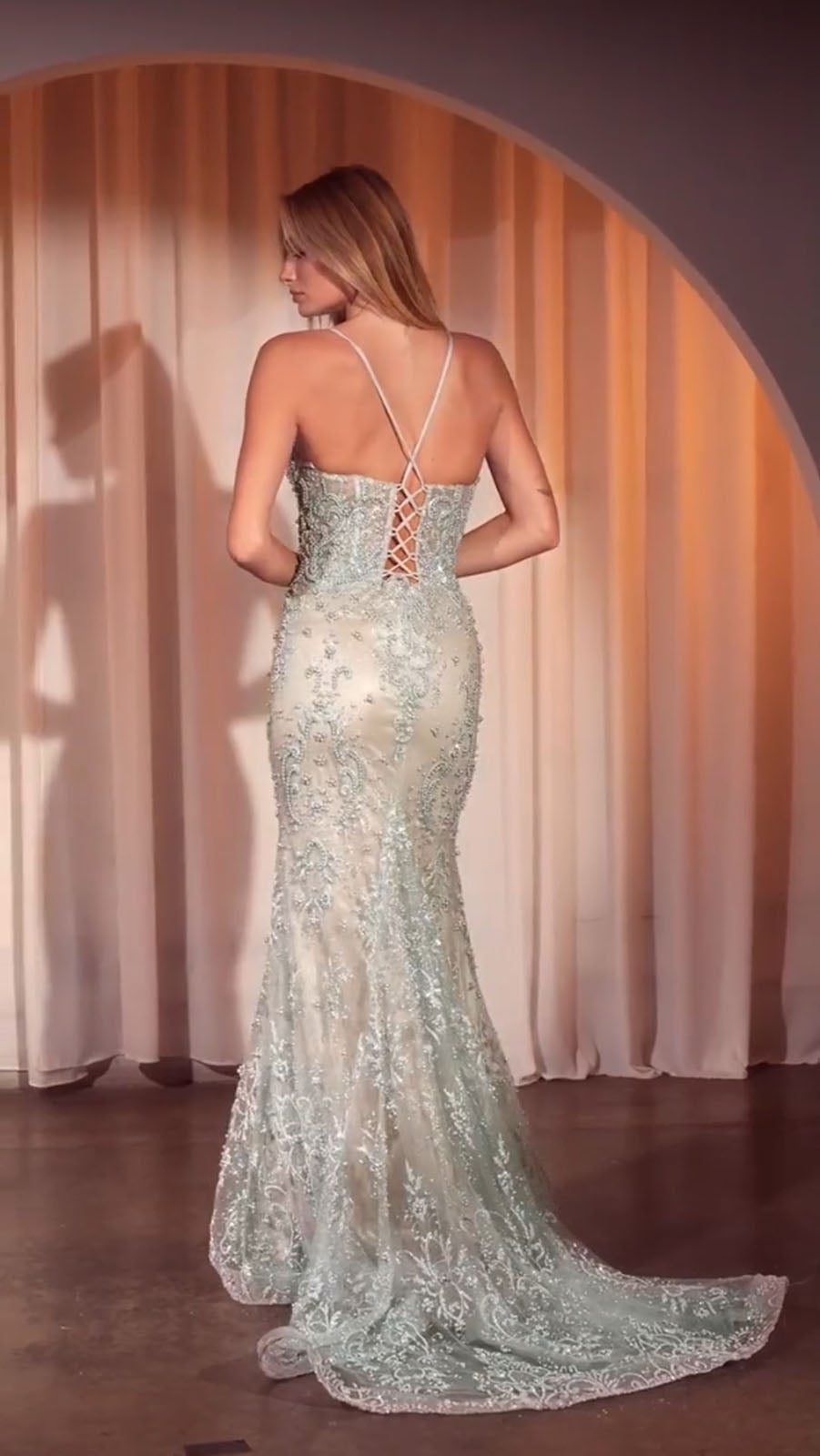Silver sequined lace evening gown with pearl trim, open back