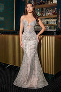 Silver strapless fitted mermaid gown with jeweled beading, floor-length