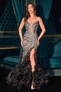 Black sequin fitted mermaid gown with plunging neckline and embellished shoulder straps
