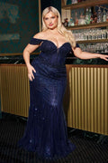 Navy blue off-shoulder beaded fitted gown with long mermaid skirt