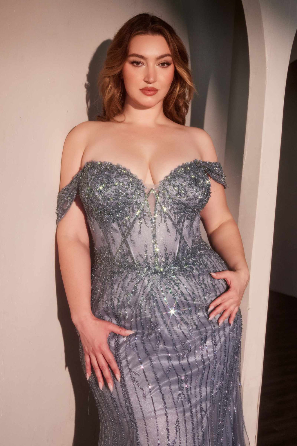 Smokey blue off-shoulder beaded sweetheart gown with fitted, curving bodice