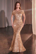 Rose gold sequin fit and flare dress with floral motif, short sleeves, fitted bodice