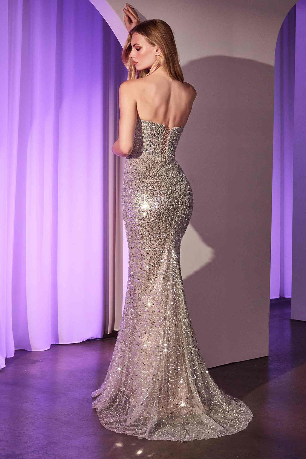 Fully beaded strapless mermaid gown, silver with nude underlayer, open back view