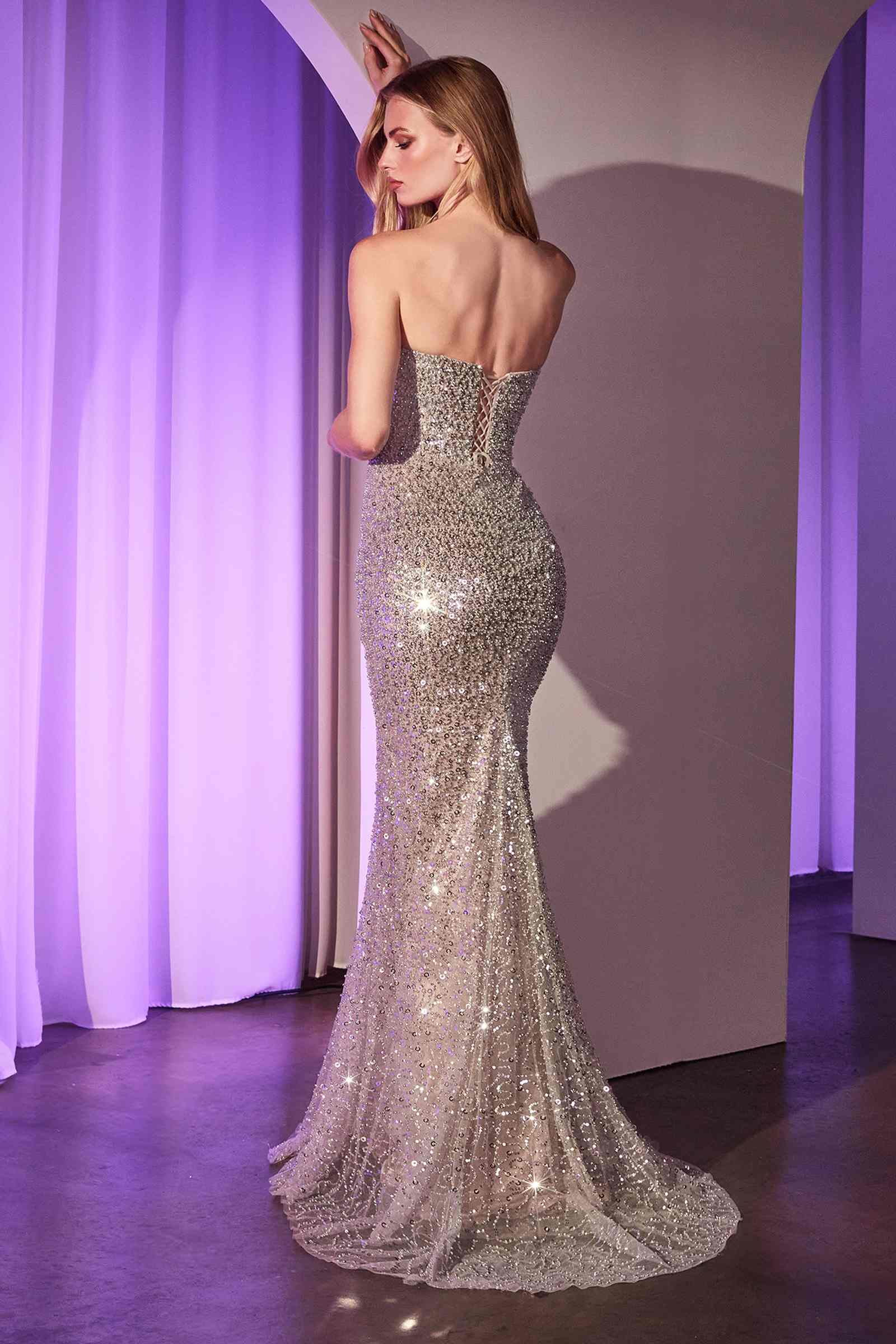 Fully beaded strapless mermaid gown, silver with nude underlayer, open back view