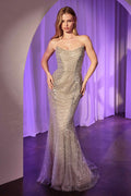 Fully beaded strapless mermaid gown, silver with nude underlayer, front view