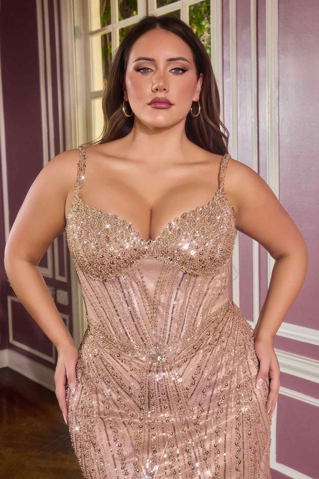 Strapless fitted beaded prom gown in champagne sequins, sweetheart neckline and corset bodice