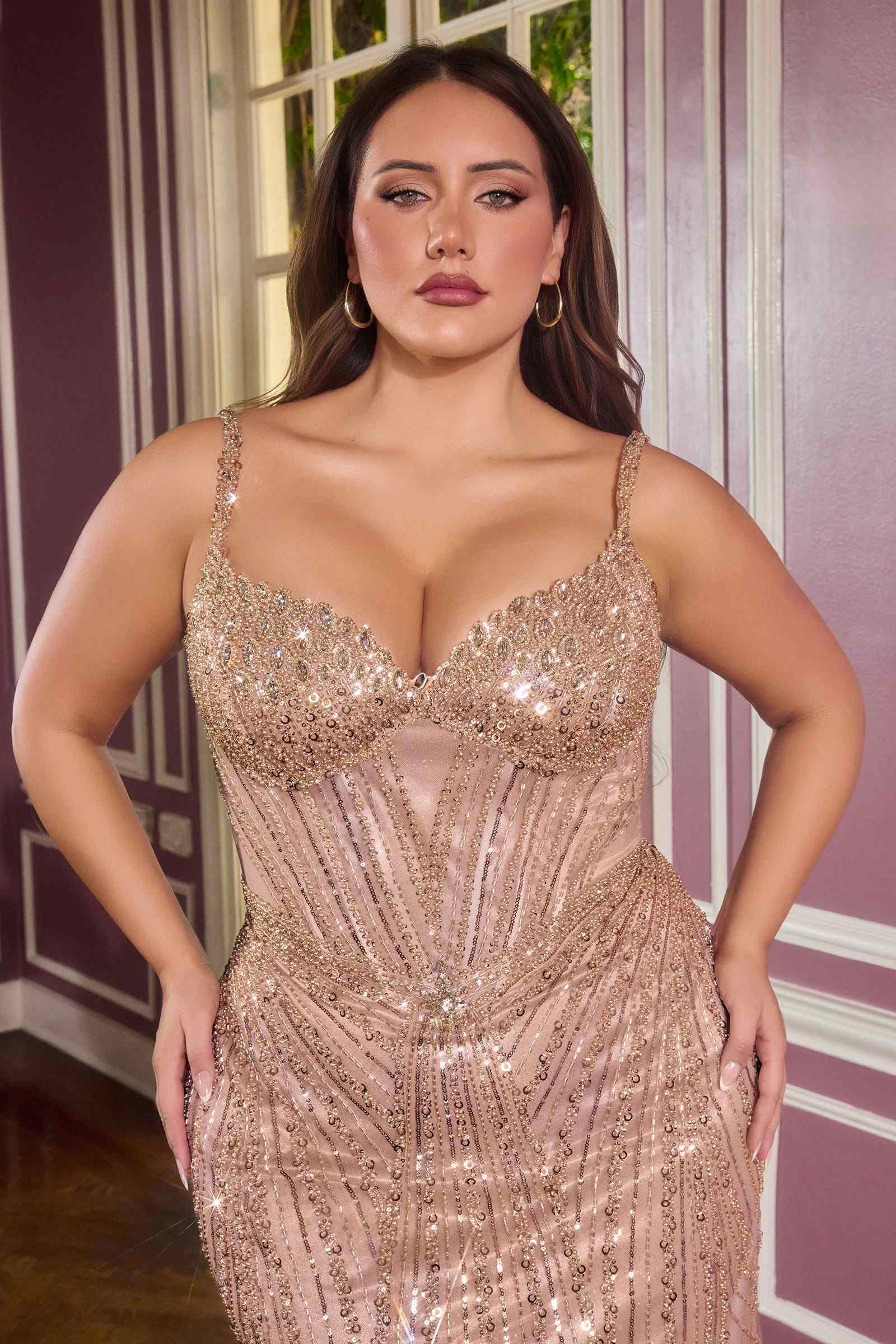 Strapless fitted beaded prom gown in champagne sequins, sweetheart neckline and corset bodice
