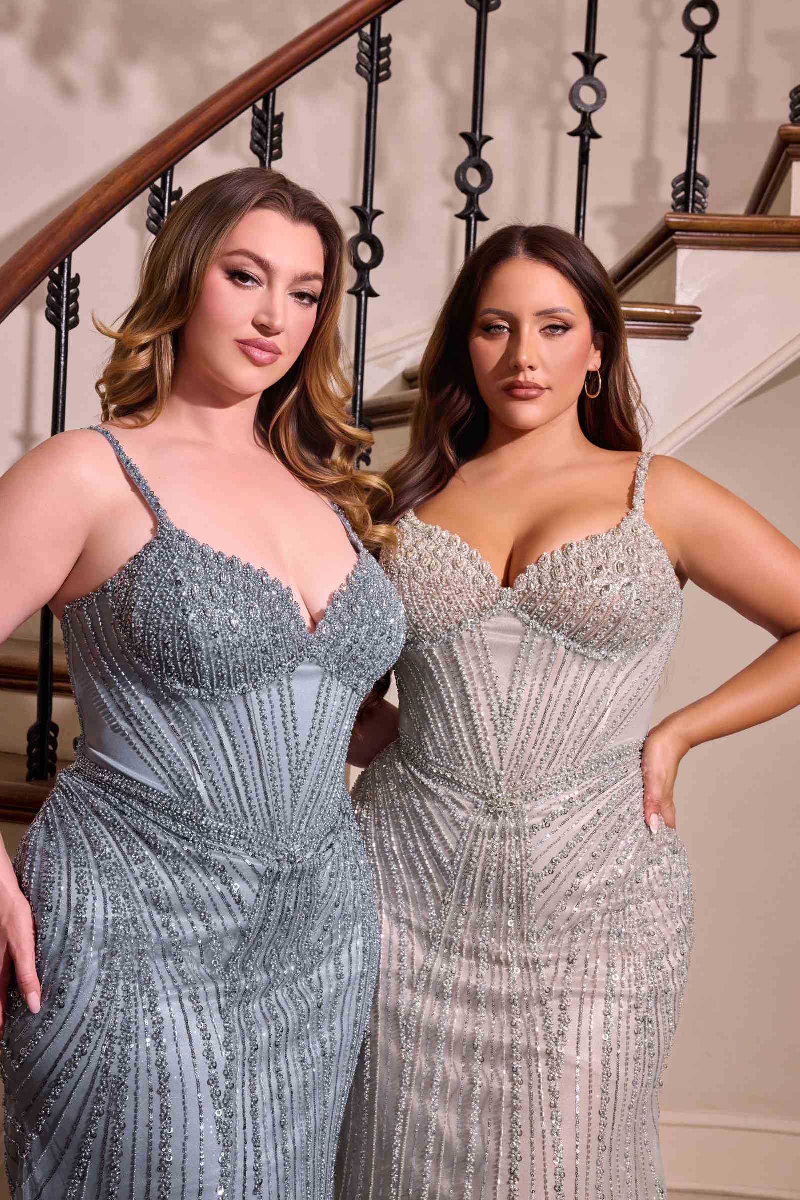 Fitted beaded prom gowns, blue and silver sequins, sweetheart strapless bodice