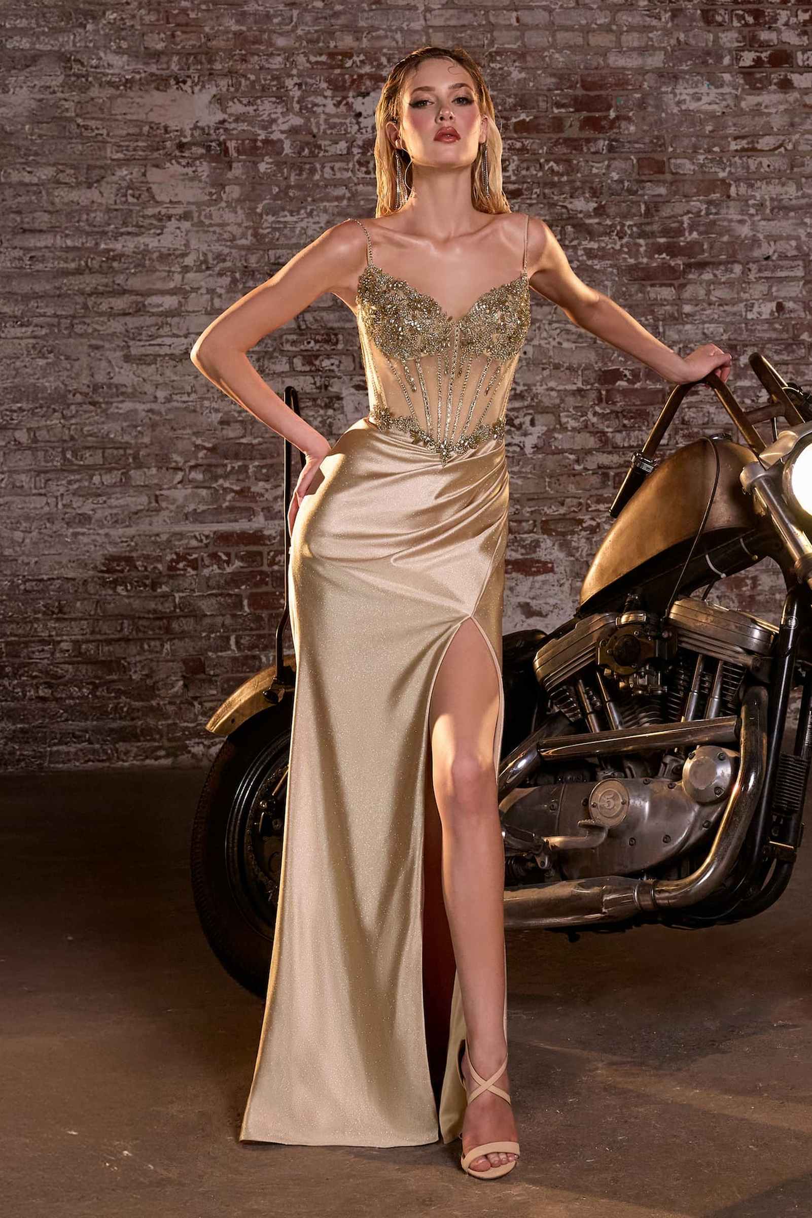 Champagne satin long gown with jeweled corset and thigh-high front slit