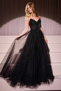 Black strapless beaded tulle ball gown with full flared skirt