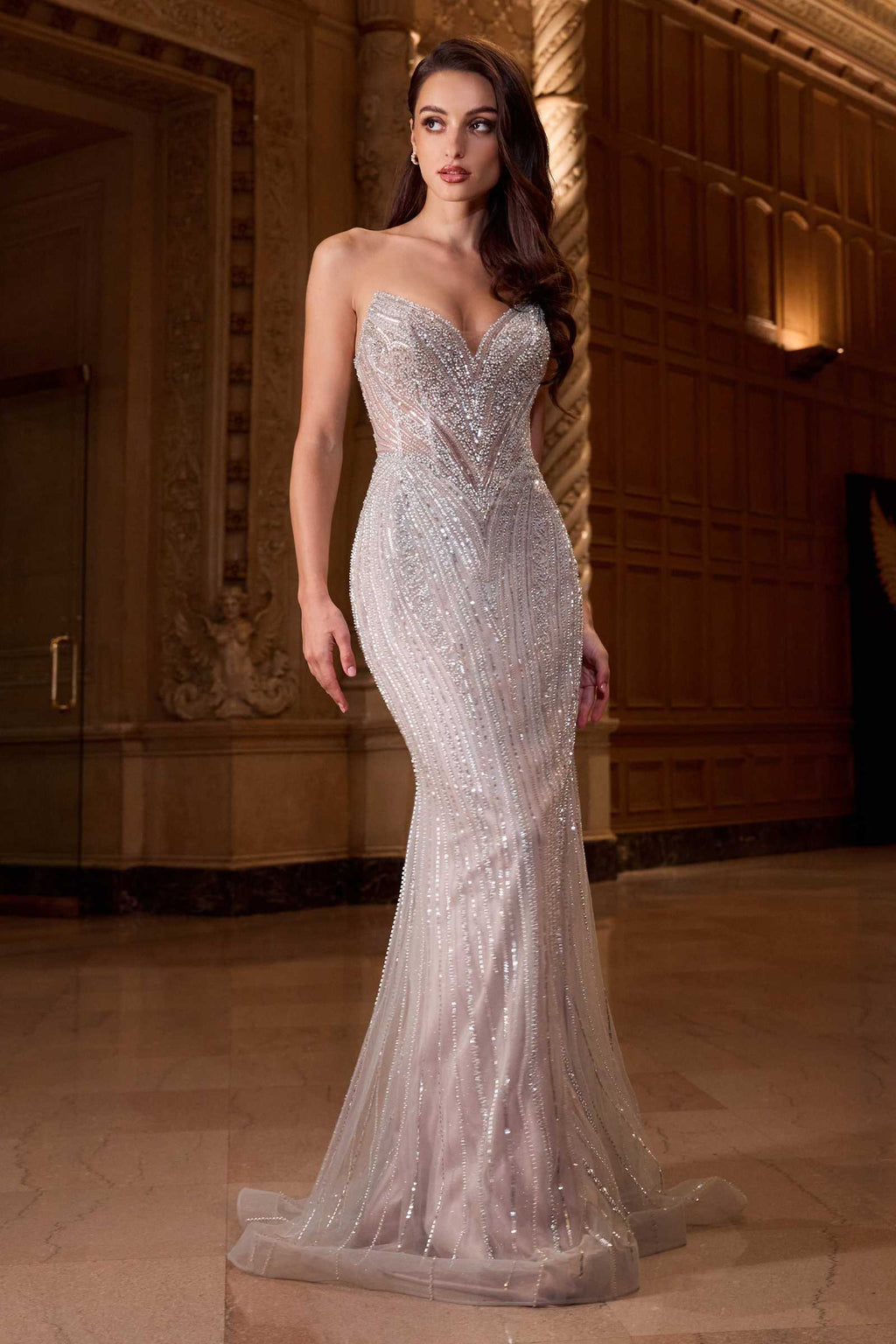 Silver strapless sequin fitted mermaid gown, sweetheart neckline, scalloped beaded bodice