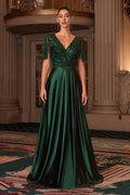 Emerald satin evening gown with V-neckline, flutter sleeves, and A-line skirt