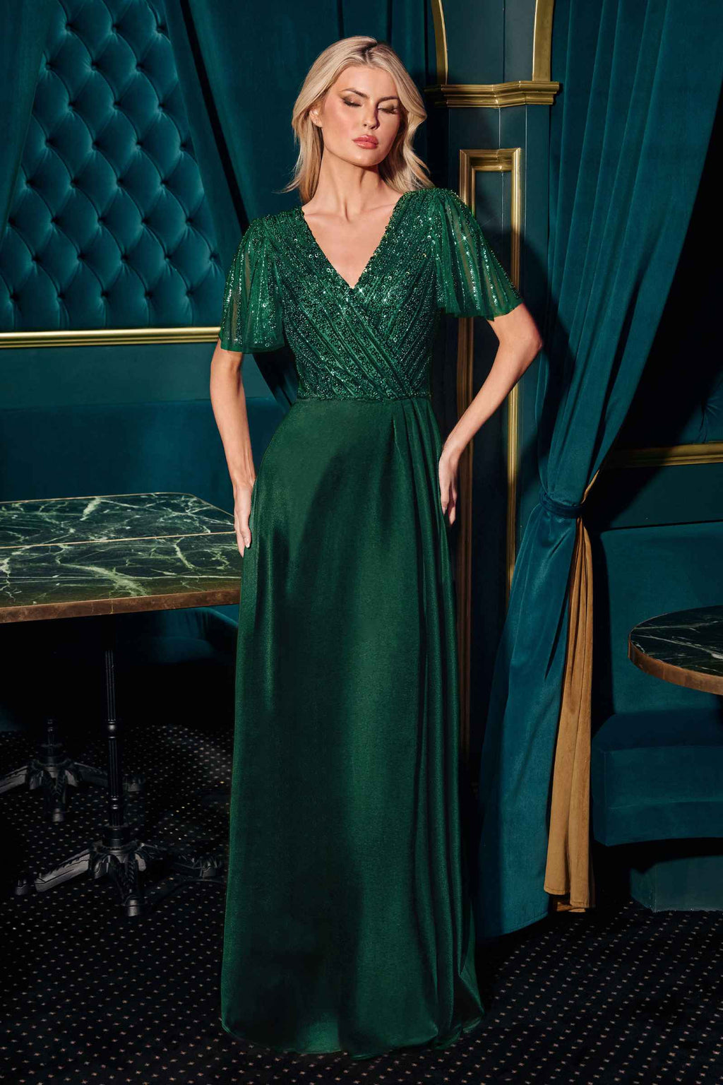 Emerald satin A-line evening gown with V-neck and short flutter sleeves