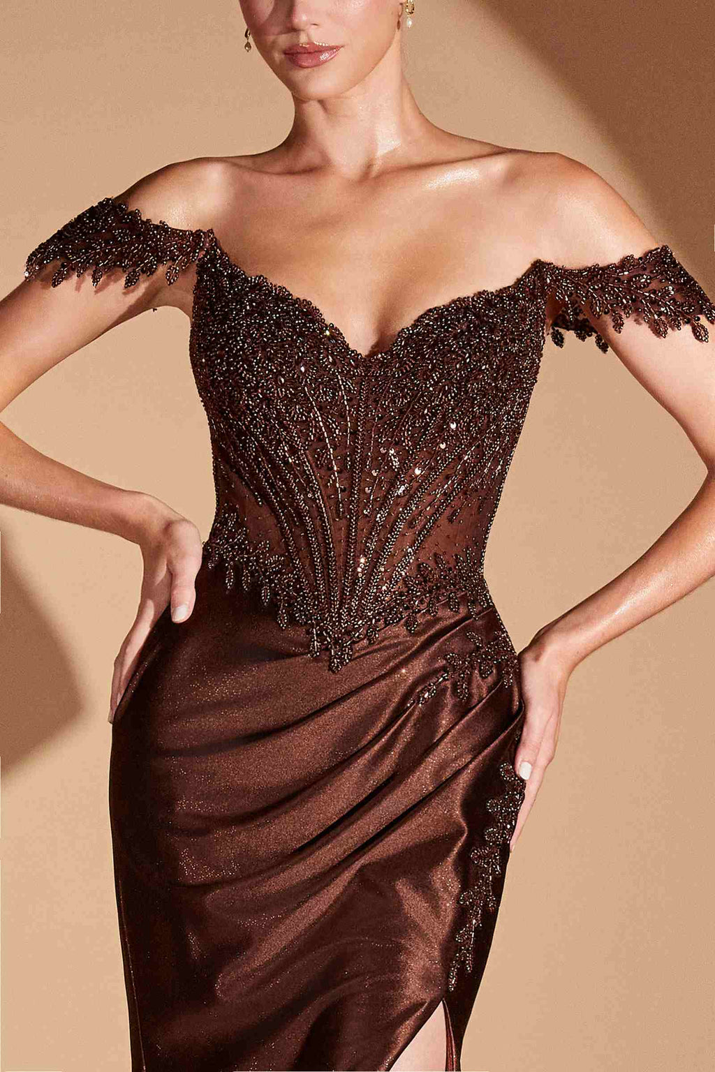 Brown glitter satin fitted gown, off-shoulder lace-like straps, deep side slit.