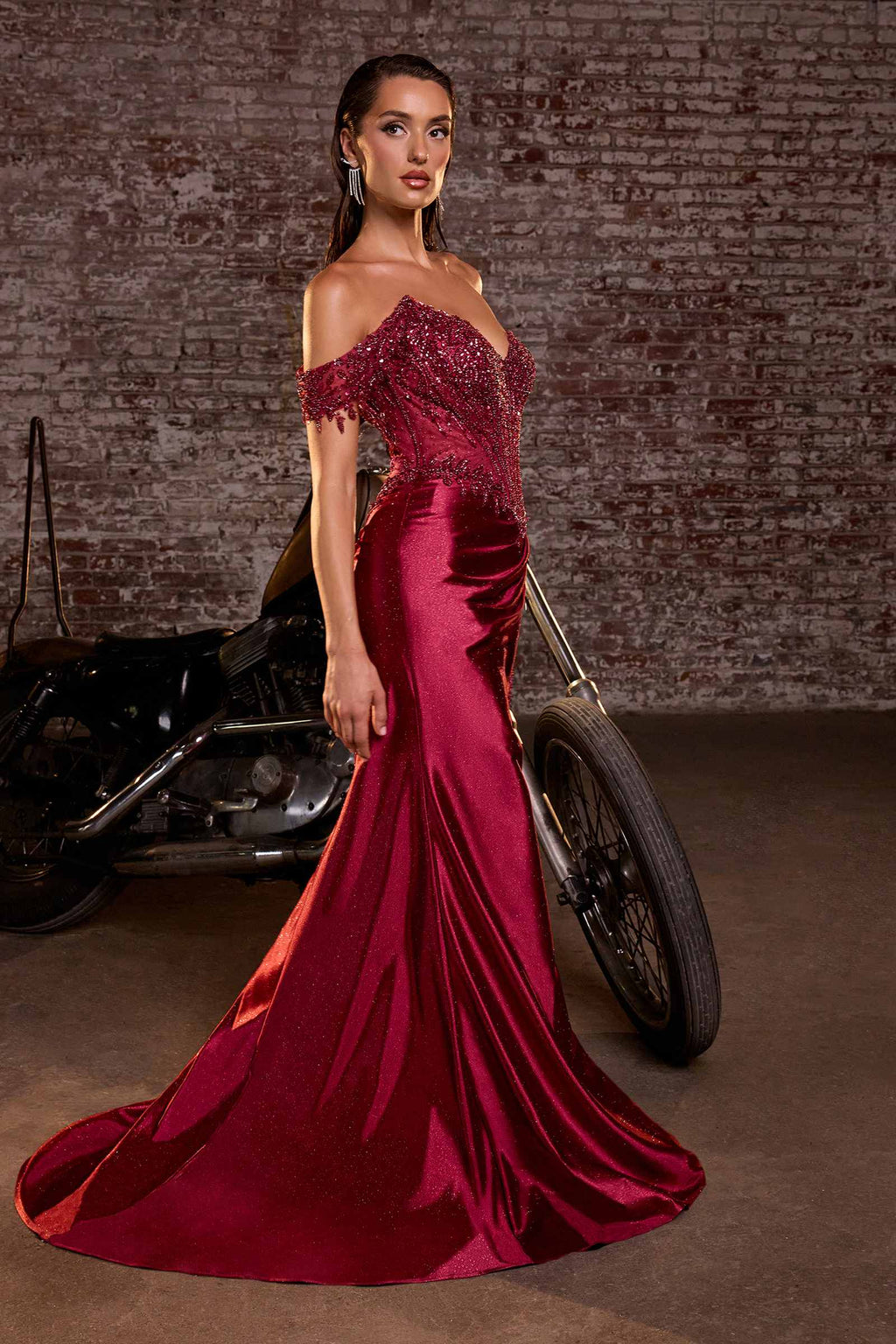 Wine red glitter satin fitted gown, off-shoulder neckline, thigh slit, mermaid.