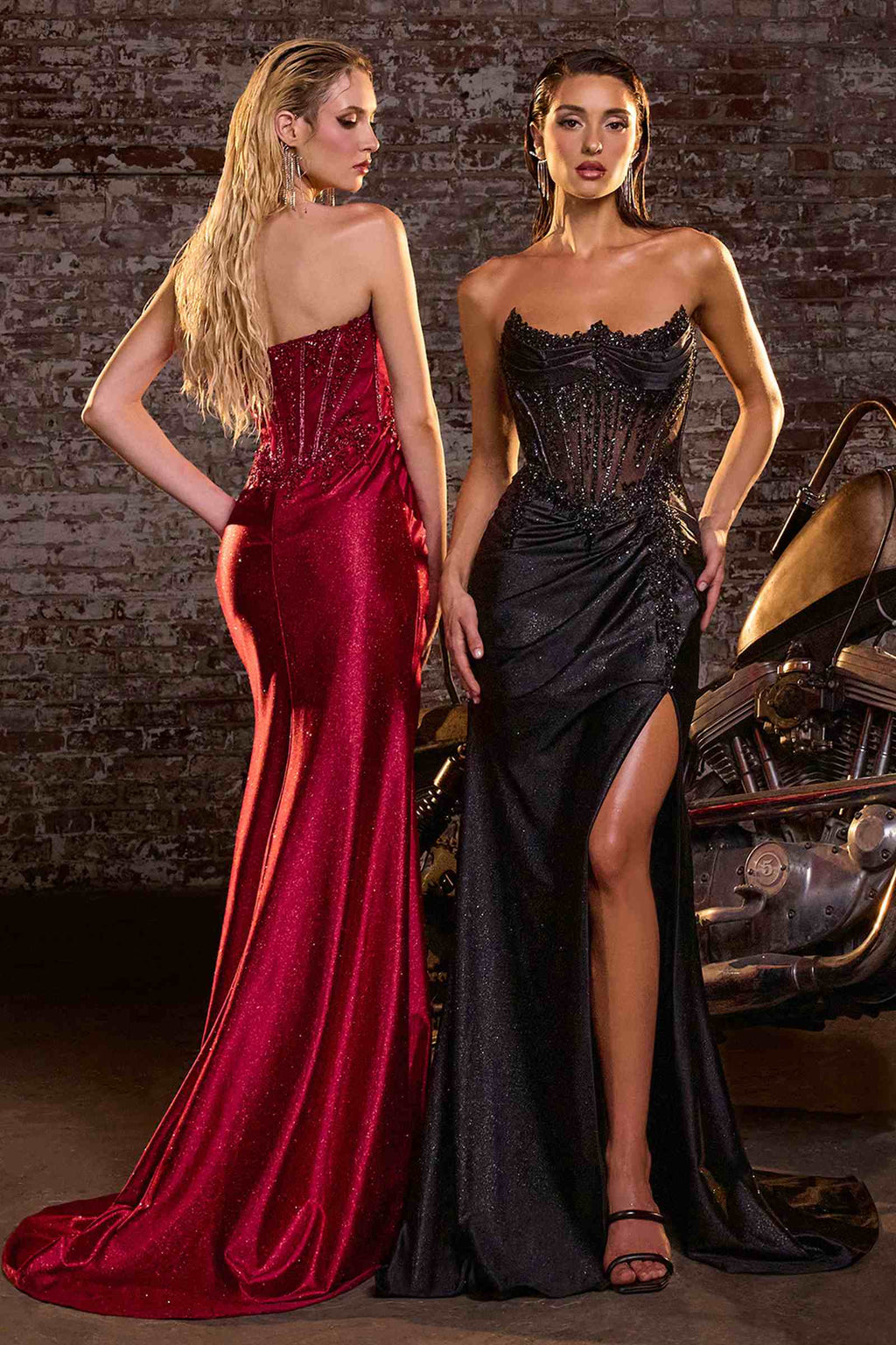 Red and black strapless sweetheart satin gowns with beaded corsets and thigh slits