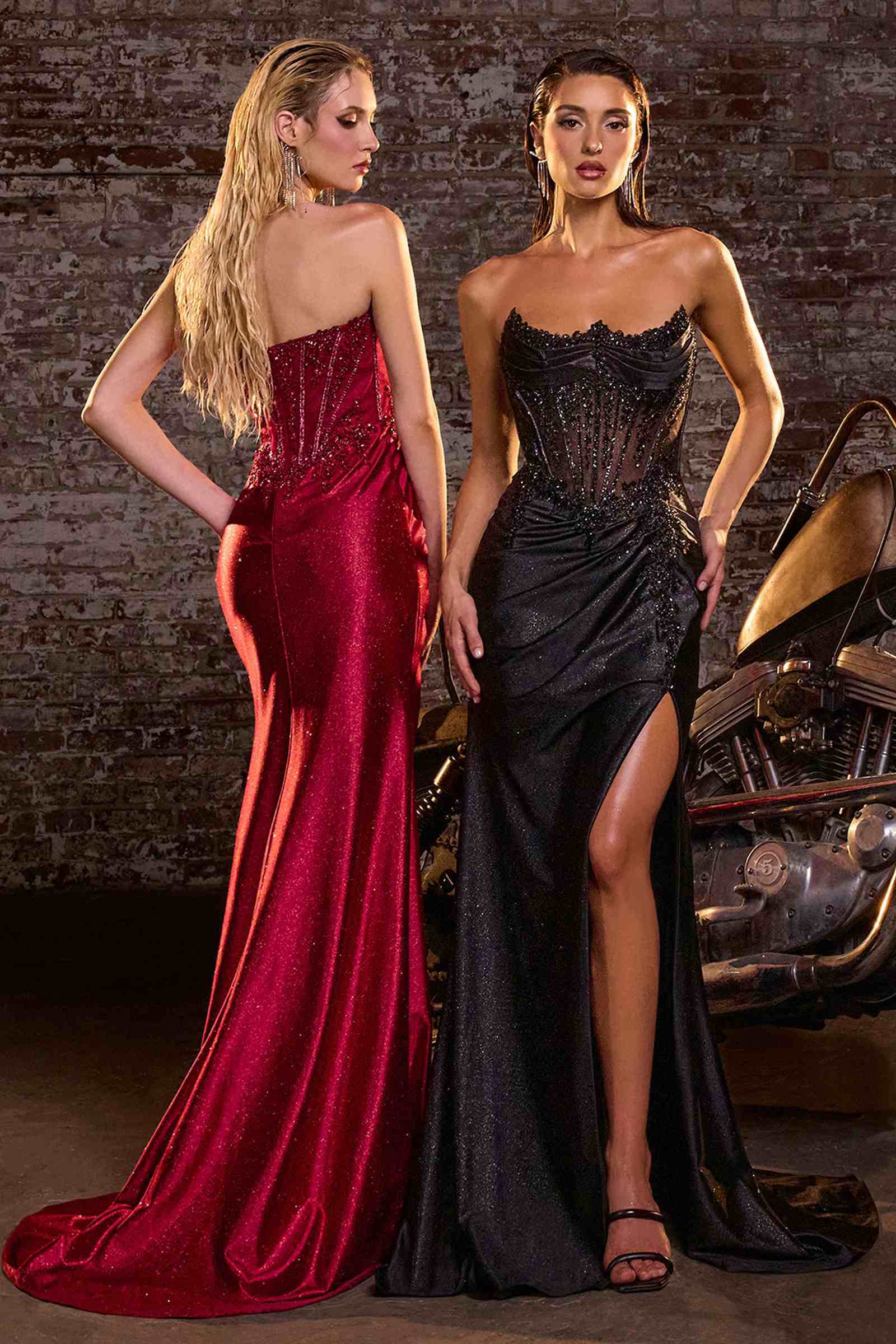 Red and black strapless sweetheart satin gowns with beaded corsets and thigh slits